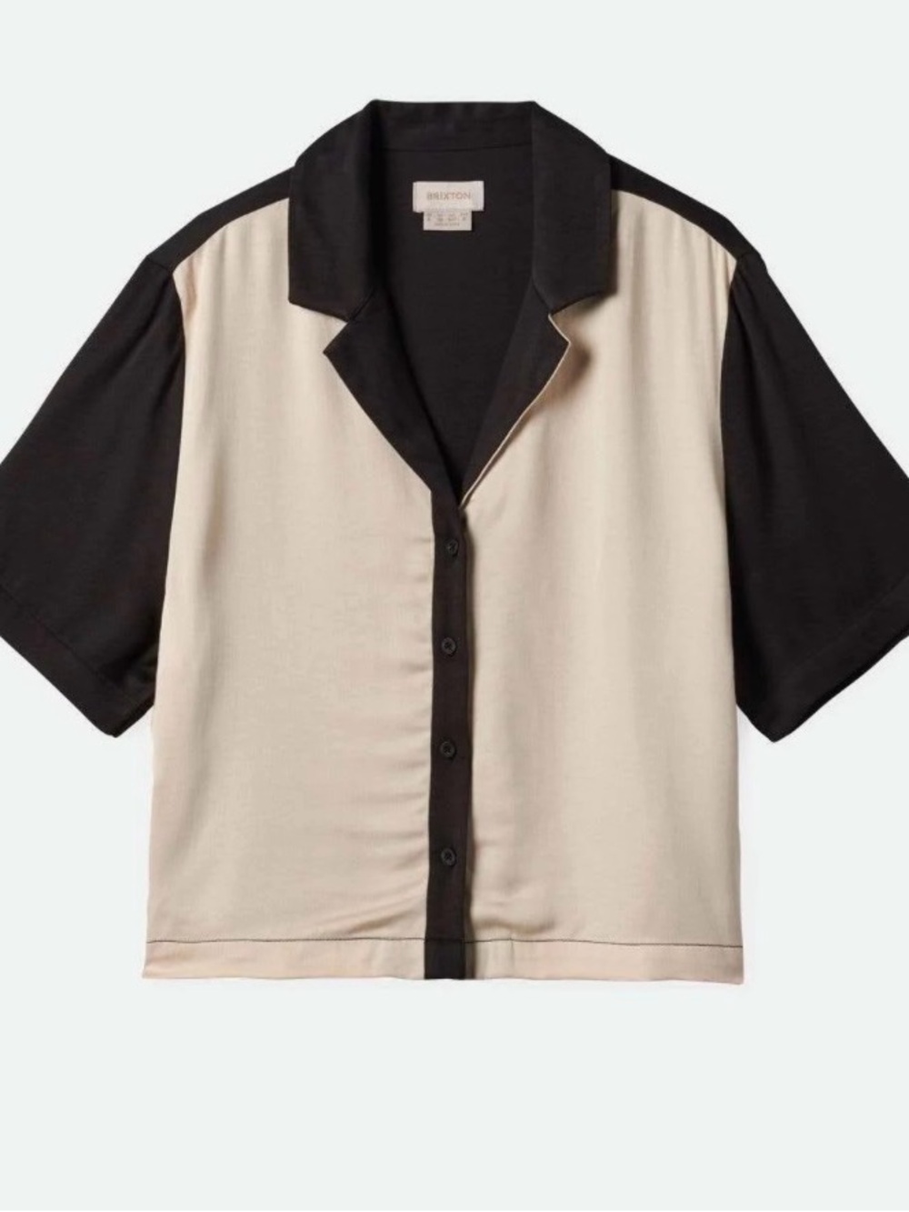 Brixton Silky Bowling Shirt Button Up Two-Tone Camp Collar Shirt — Black & Cream